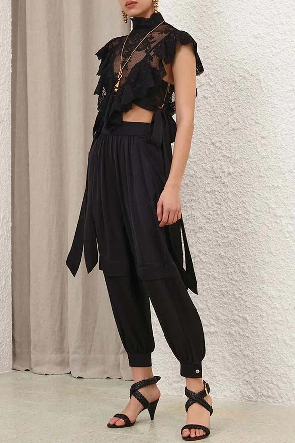 Esella Satin Gathered Waist Pocket Button Ankle Cuffs Harem Pant