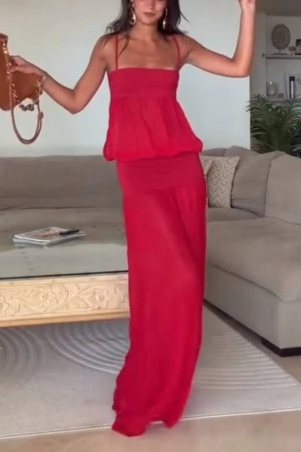 Red Strapless Spaghetti Strap Tiered Flowy Maxi Dress