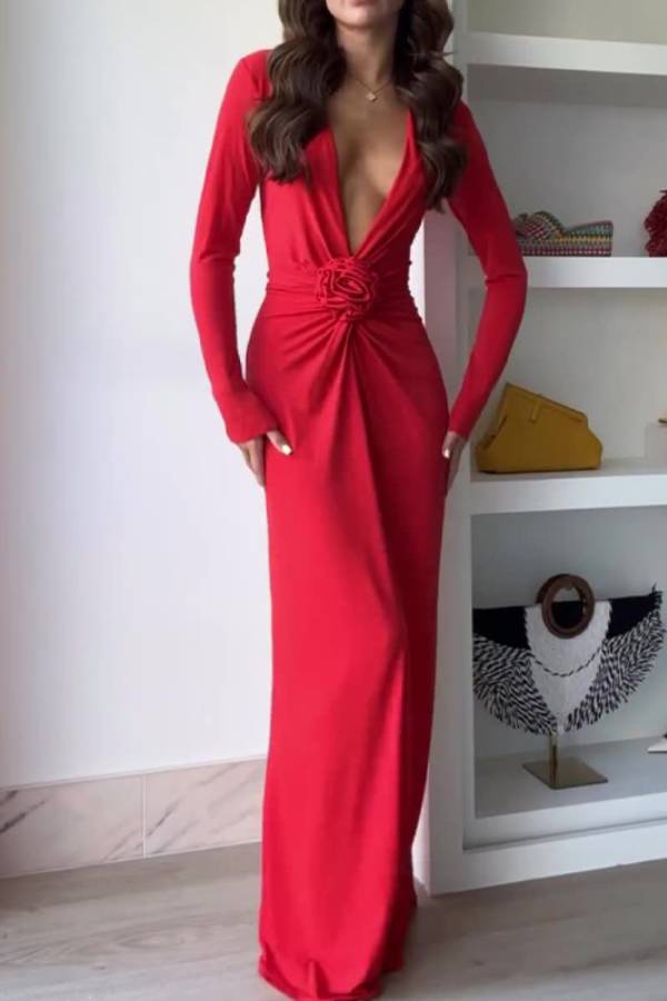 Long Sleeve Deep V Waist 3D Rose Applique Slim Fit Train Evening Dress