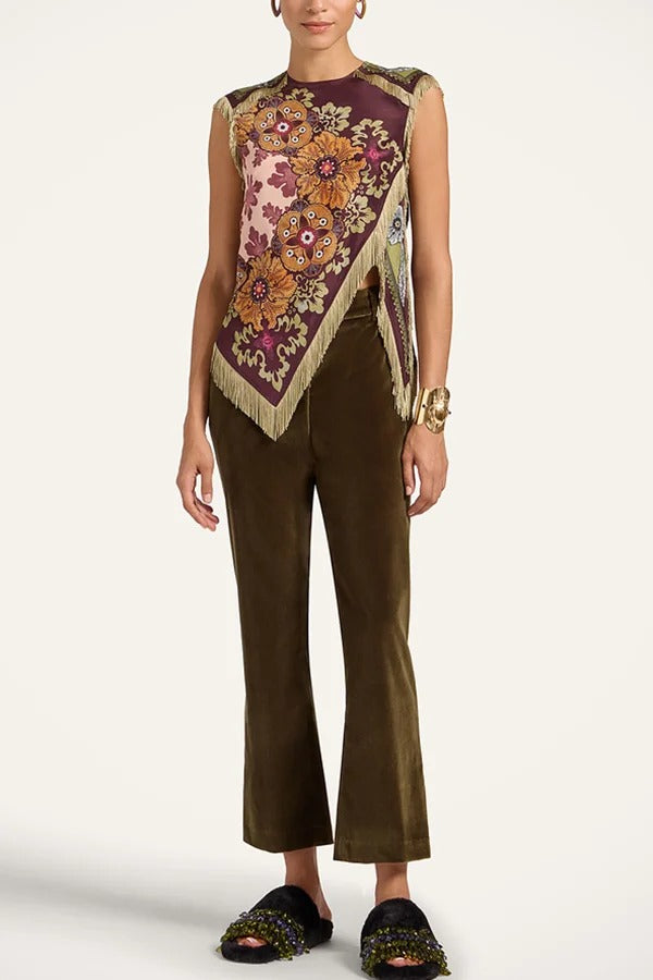 Stunning Floral Print Asymmetric Tassel Trim Scarf Top