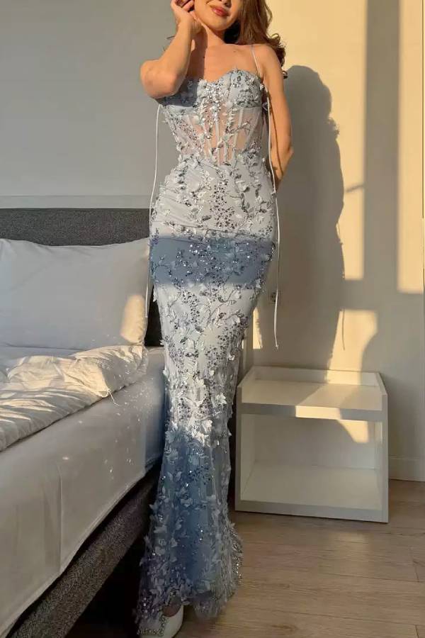3D Floral Beaded Corset Strap Mermaid Evening Gown