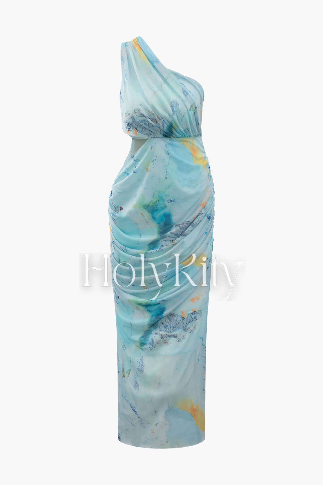Bedrucktes, gerüschtes One-Shoulder-Midikleid aus Netzstoff 