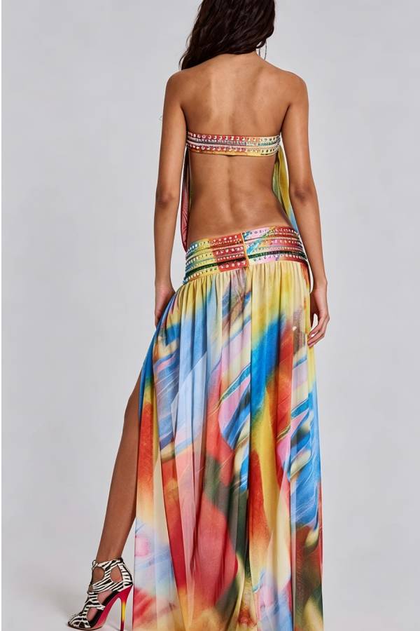 Kalila Mesh Multi-coloured Printed Stud and Sequin Embellishment Cutout Slit Maxi Dress