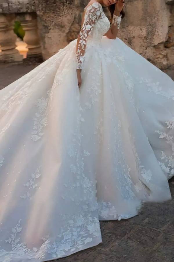 Long Sleeve Lace Applique Ball Gown Wedding Dress