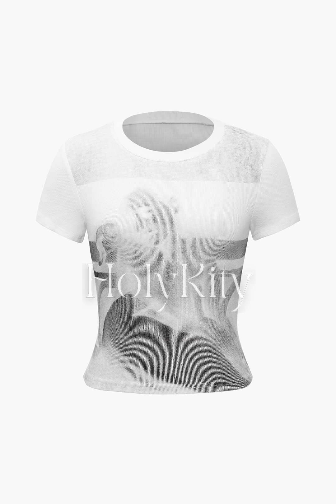 Kurzes T-Shirt mit Portrait-Print 