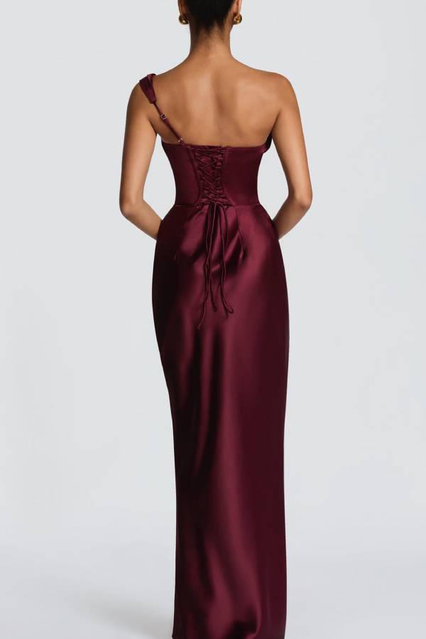 Multi-Color Satin Strapless/One-Shoulder Lace-Up Mermaid Maxi Formal Dress