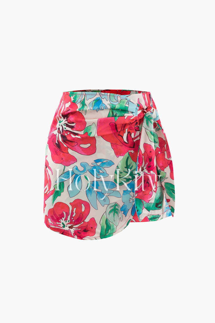 Short à imprimé floral avec nœud sur le côté 