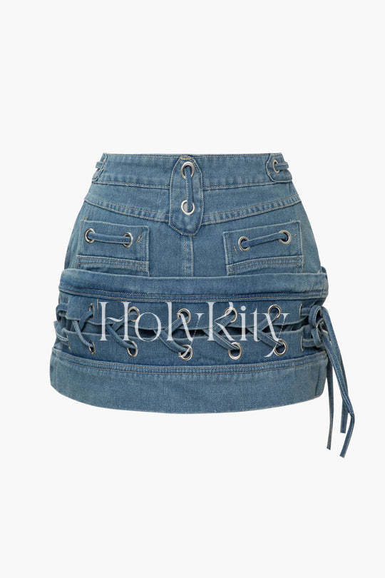 Eyelet Tie Denim Mini Skirt