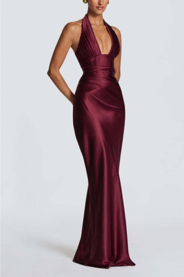 Halter Deep‑V Satin Mermaid Evening Maxi Dress