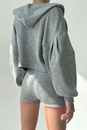 Solid Bra top And Zip Up Hoodie And Biker Shorts 3pc Set