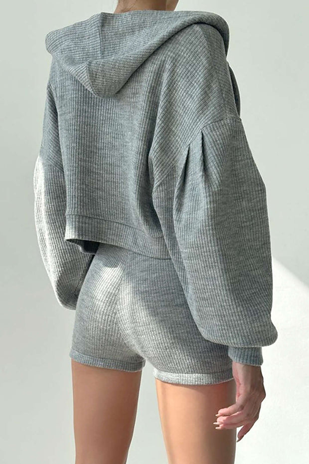 Solid Bra top And Zip Up Hoodie And Biker Shorts 3pc Set