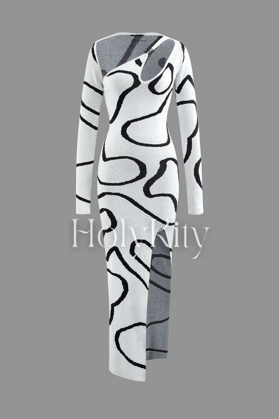 Maxikleid aus Strick mit Linienmuster, Cut-Outs und Schlitzen