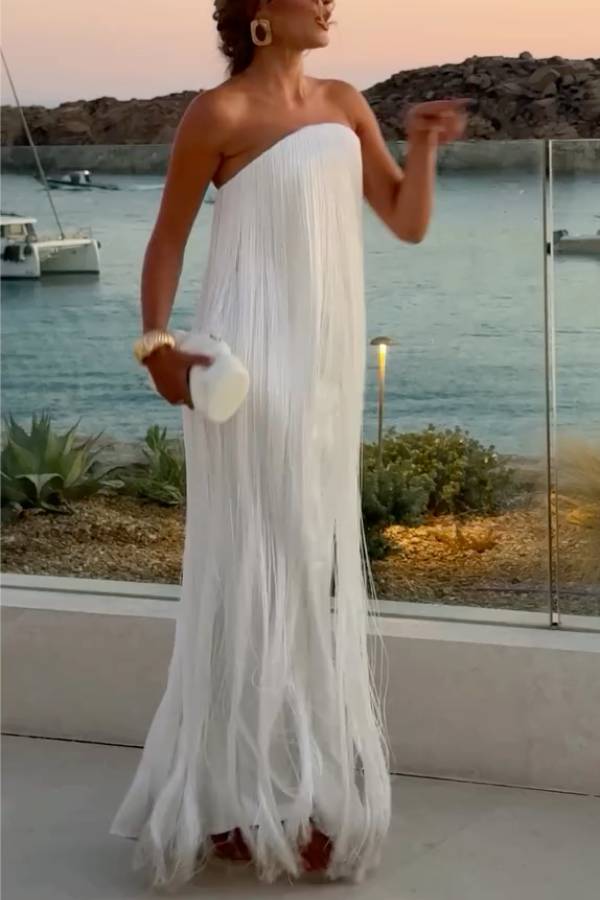 Strapless Long Fringe Evening Gown