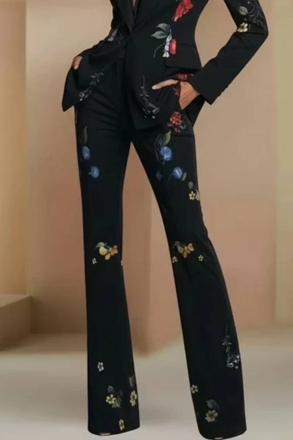 Black Floral Print Shawl Lapel Blazer & High‑Waist Flare‑Leg Pant Suit Set