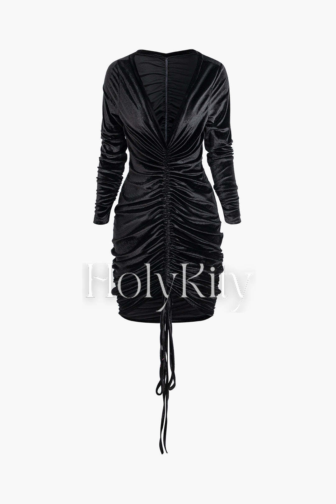 V-neck Ruched Velvet Drawstring Long Sleeve Midi Dress