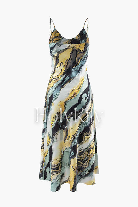 Bedrucktes Midikleid aus Satin mit V-Ausschnitt 