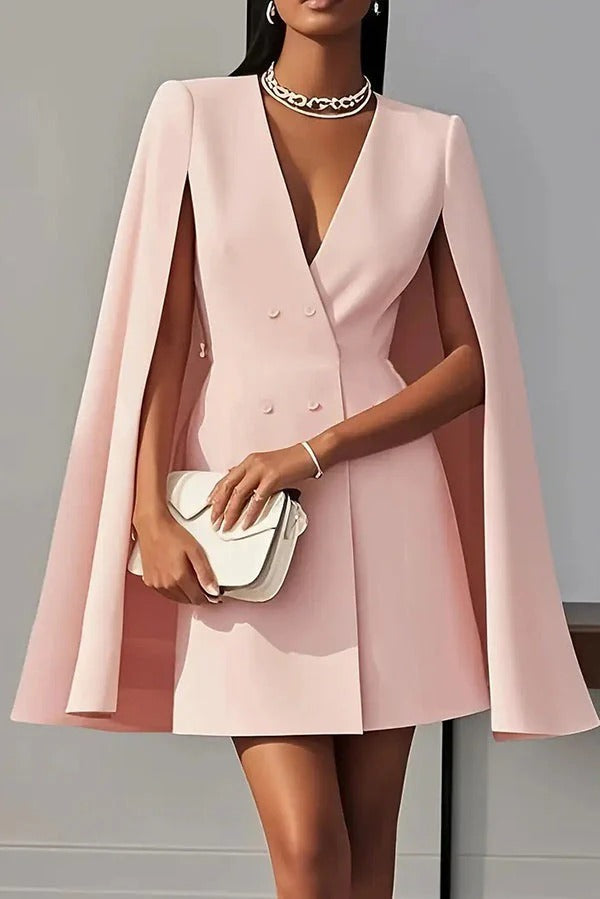 Solid Color V-Neck Double Breasted Cape Formal Mini Dress