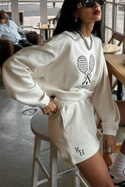Vintage Casual Embroidered Sweatshirt And Sports High-waisted Shorts Set