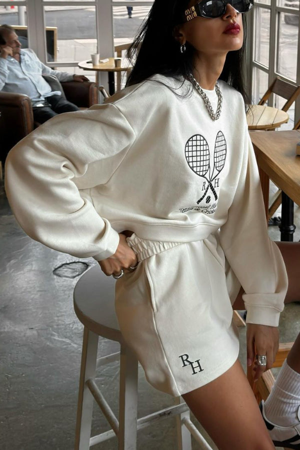 Vintage Casual Embroidered Sweatshirt And Sports High-waisted Shorts Set