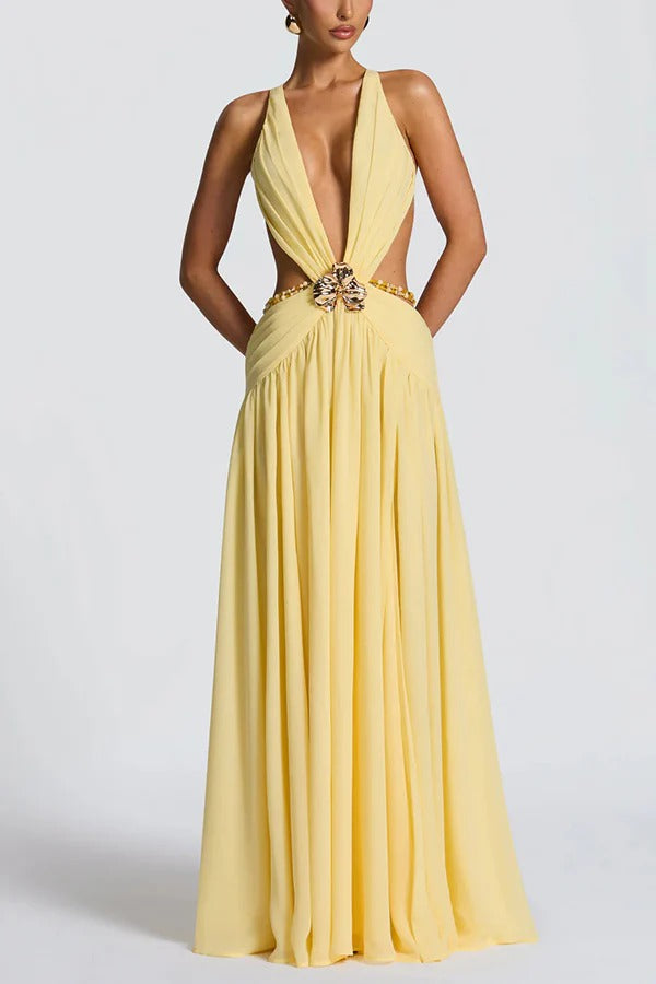 Kinara Leopard Print Deep V-neck Metal Flower Hollow Beads Detail Slit Maxi Dress