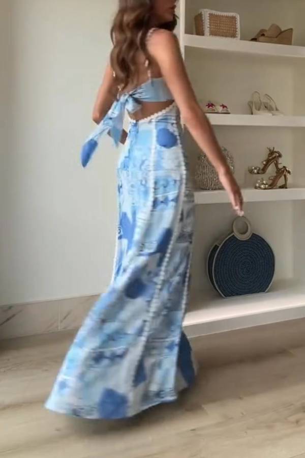 TERAZZA RIC RAC LINEN TRIMS UNIQUE PRINT BACK TIE-UP SLIP FLARED LINEN MAXI DRESS