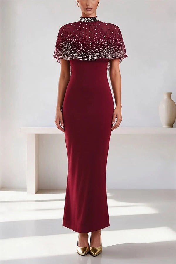 Grace Lady Sheer Pearl Details High-neck Cape Maxi Dress