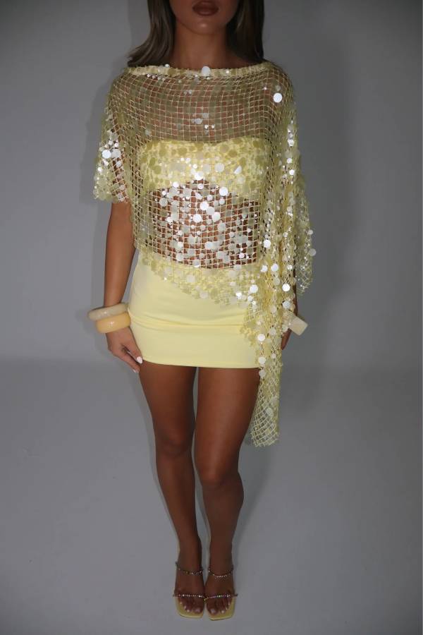 Sequin Mesh Off Shoulder Asymmetric Cover Up Top & Bodycon Mini Skirt 2 Piece Set