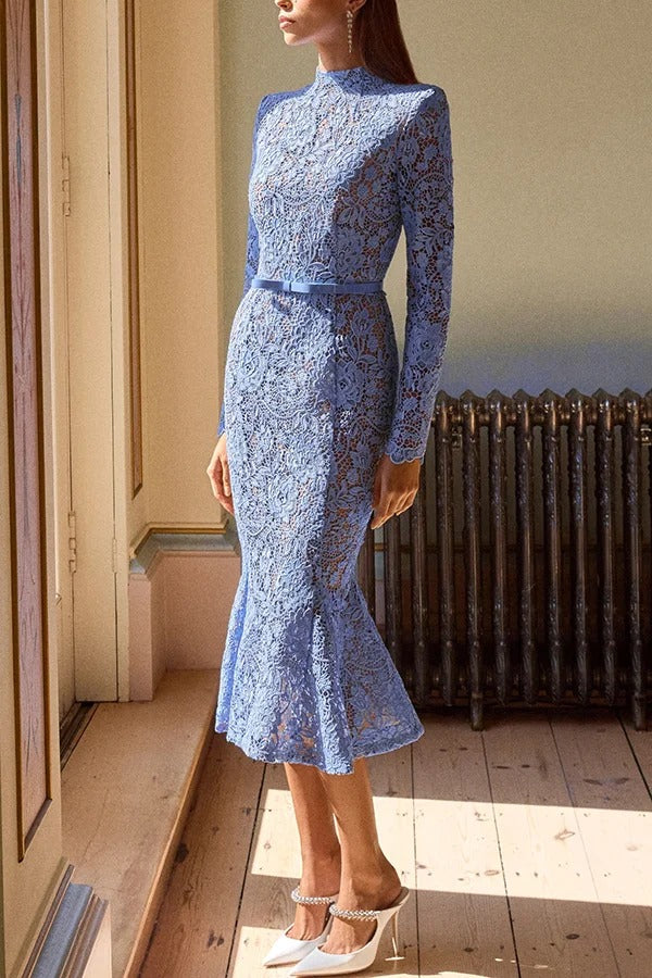 Feminine and Elegant Flower Lace Long Sleeve Bow Belted Flare Midi Dress