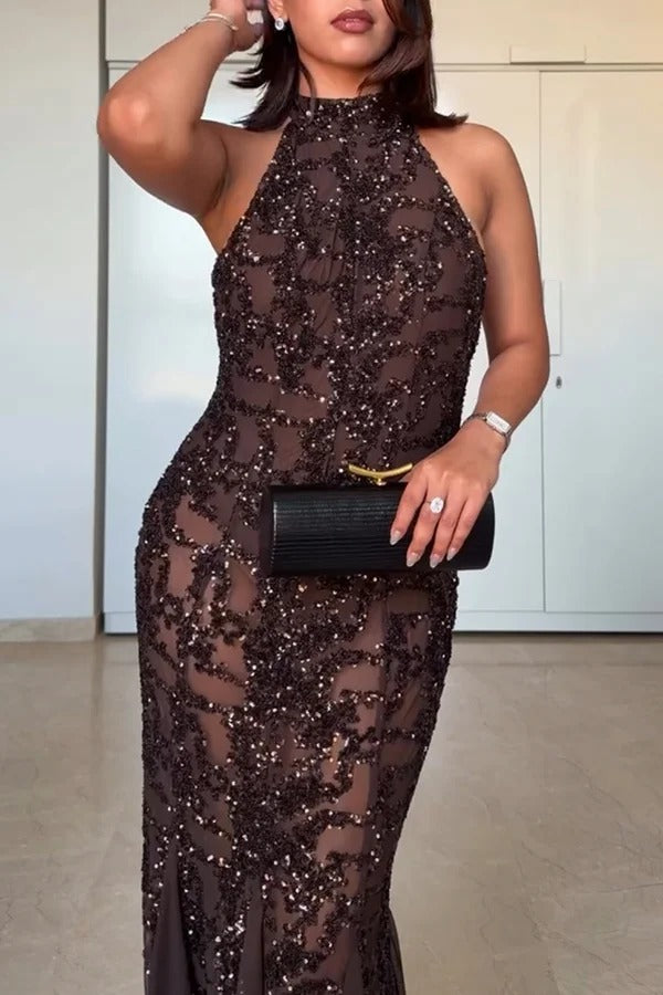 Twilight Gleam Sequin Textured Tulle Hem Halter Backless Maxi Dress