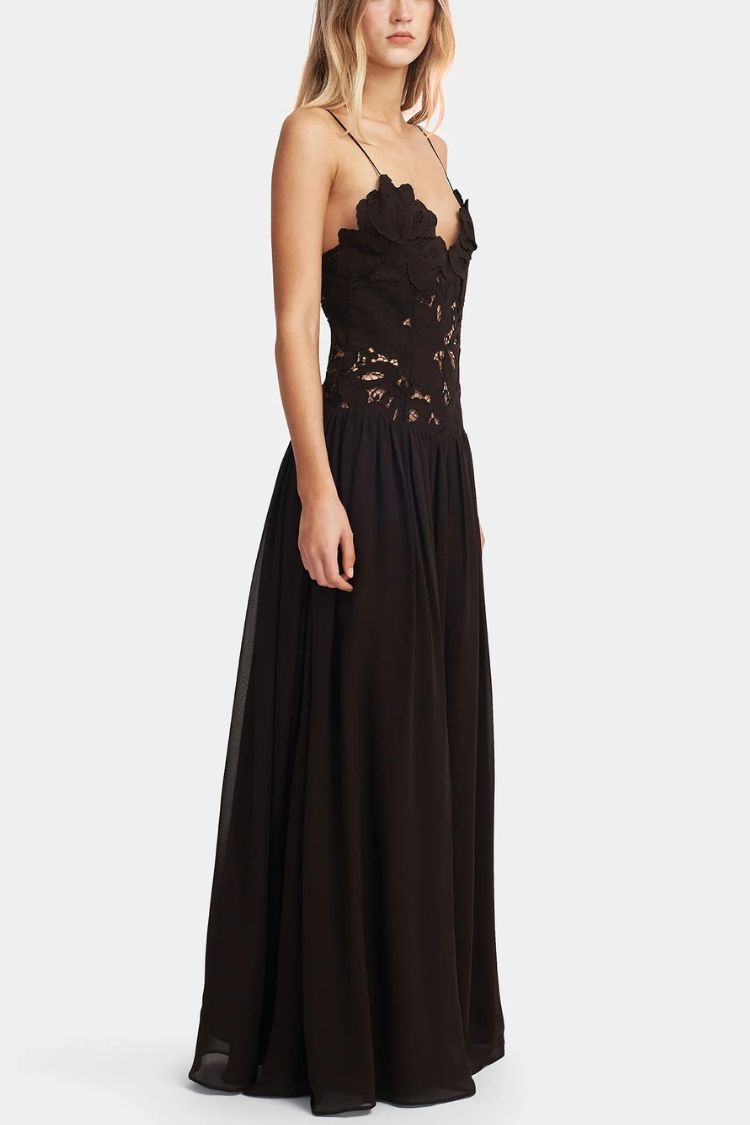 Stephanie Flower Crochet Lace Bust Chiffon Fluffy Hem Maxi Dress