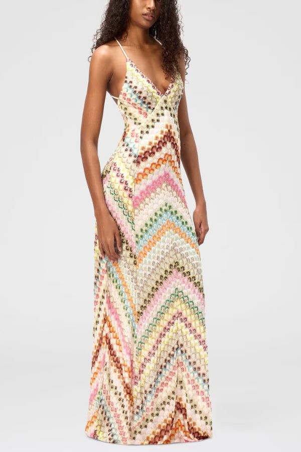 Missoni Summer Knit Colorful Herringbone Print Open Beck Maxi Dress