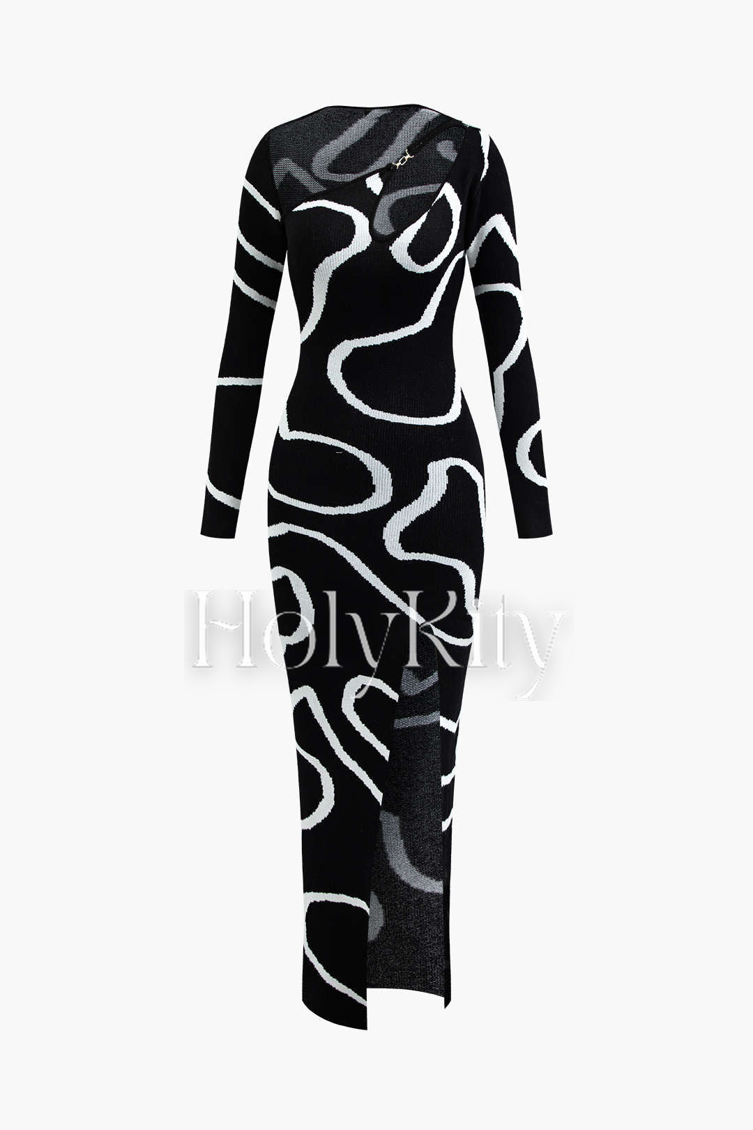 Maxikleid aus Strick mit Linienmuster, Cut-Outs und Schlitzen