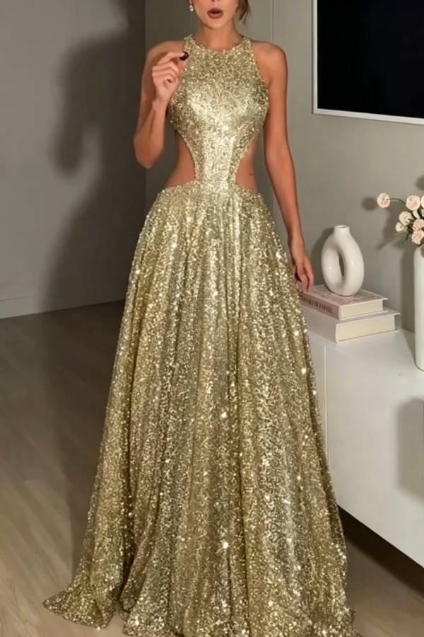 Dazzling Night Sequin Crew Neck Cutout Waist Open Back Flare Maxi Dress