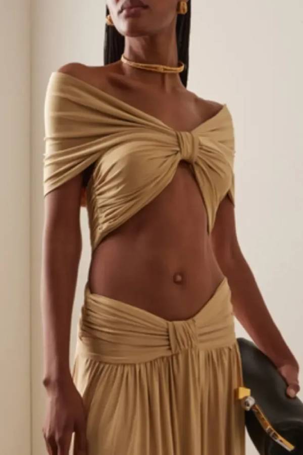Khaki Twist Off‑Shoulder Crop Top & High‑Waist Maxi Skirt Two‑Piece Set