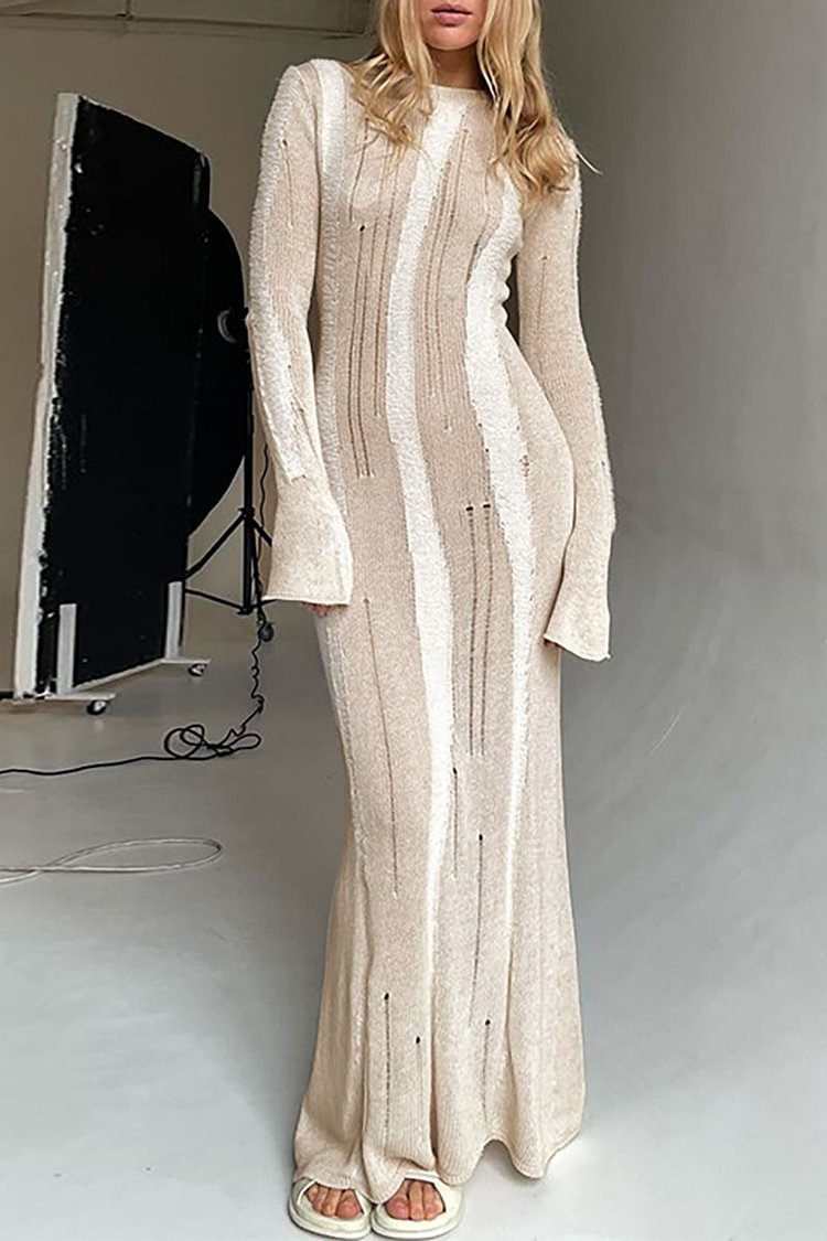 KNIT RIPPED ROUND NECK FLARED LONG SLEEVE SLIM FIT MAXI SWEATER DRESSES