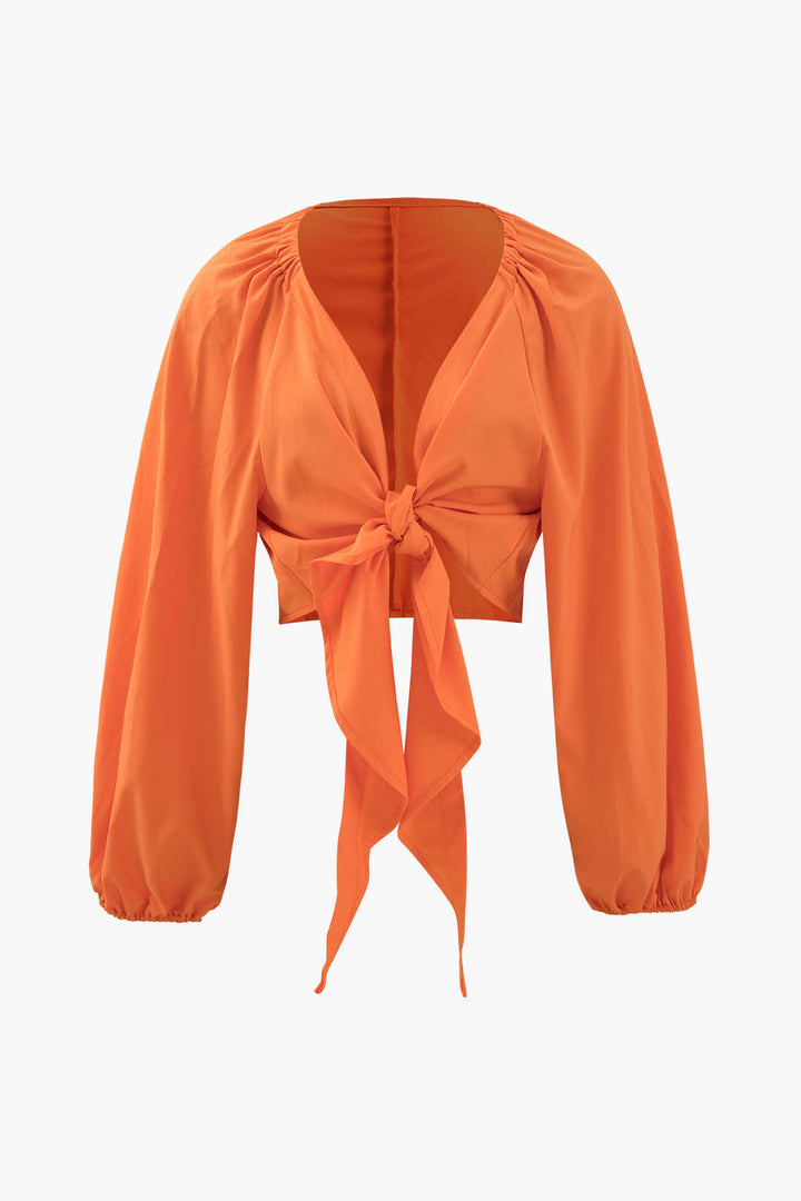 Ensemble chemisier noué sur le devant et pantalon large à imprimé feuilles 