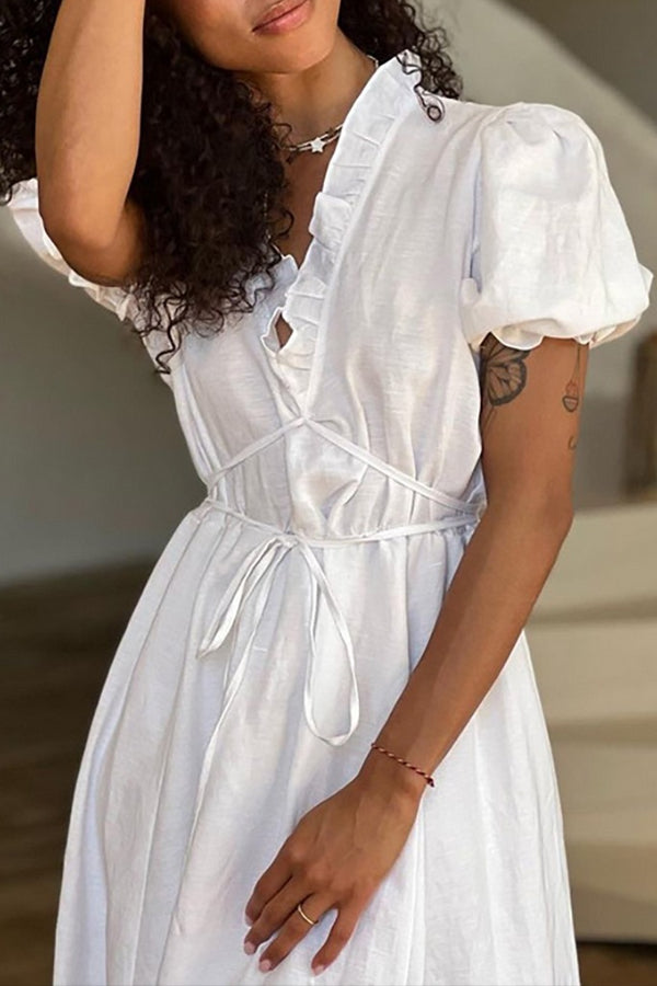 Ruffled Trim V Neck Puff Sleeve Tie Up A-Line Midi Dresses-White