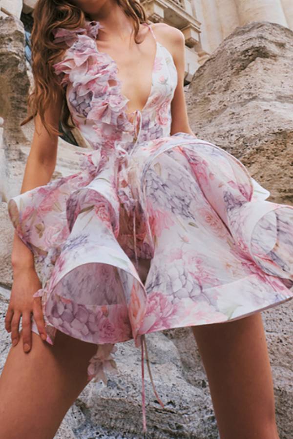 One-Shoulder 3D Floral Print Tiered Mini Dress