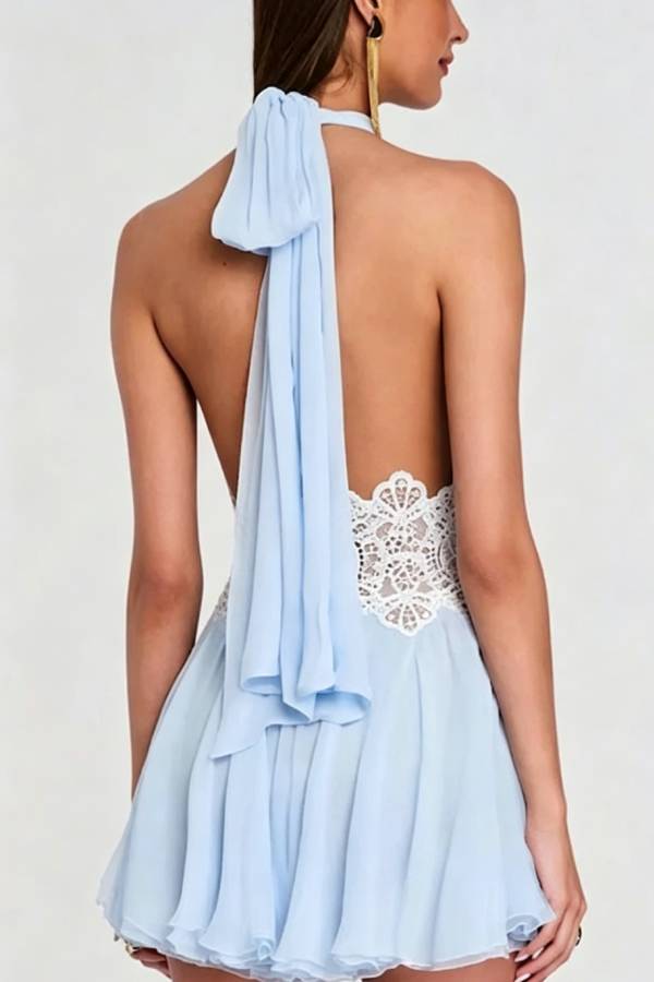 Ethereal Lace-Waist Halter Mini Dress