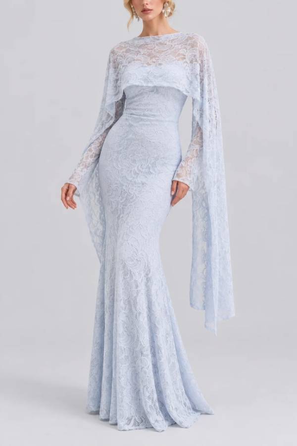 Square Neck Long Sleeve Lace Draped Front Maxi Dress