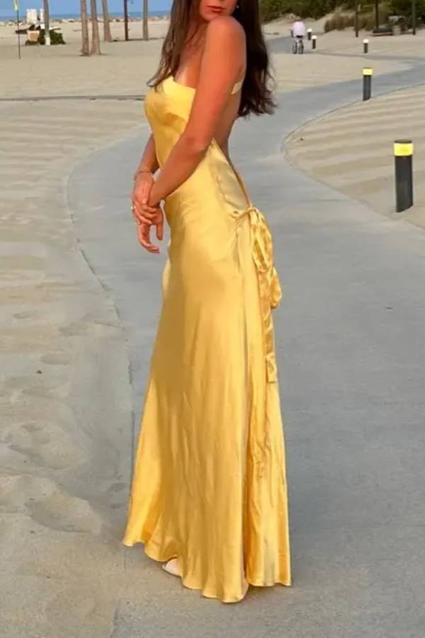 Yellow One‑Shoulder Open‑Back Satin Maxi Evening Dress