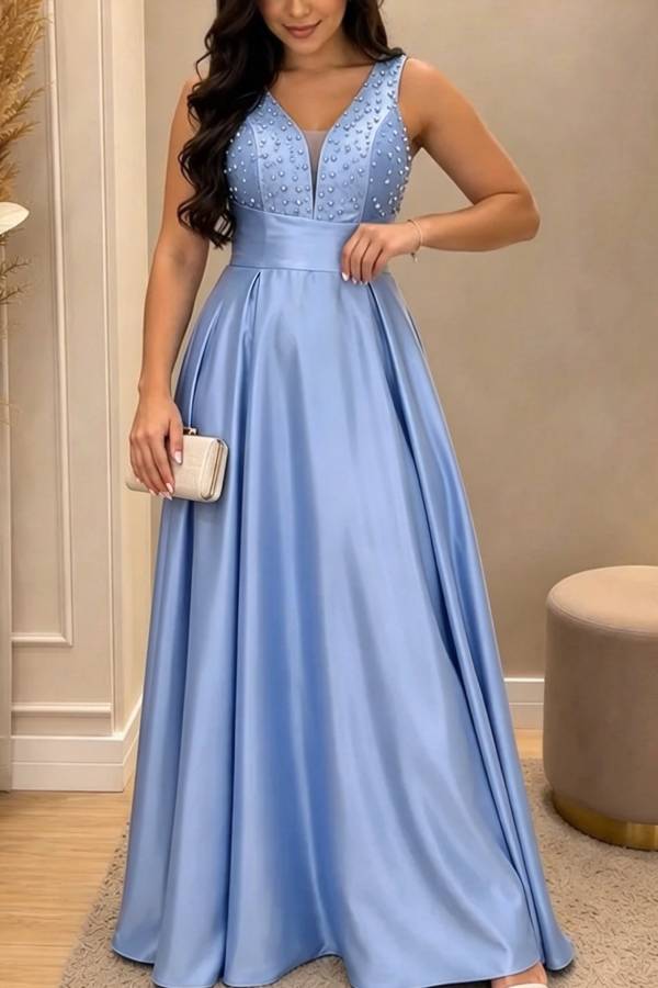 Grand Ball Satin Beadwork Details V-neck Pleated Hem Gown Maxi Dress