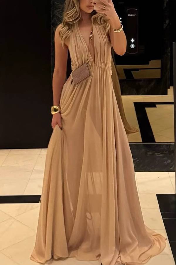 Nude Beige Halter Neck Deep V Backless Empire Waist Flowy Maxi Dress