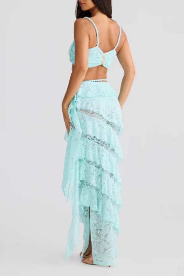 Twist Bandeau Top & Asymmetric Ruffle Lace Maxi Skirt Two-Piece Set