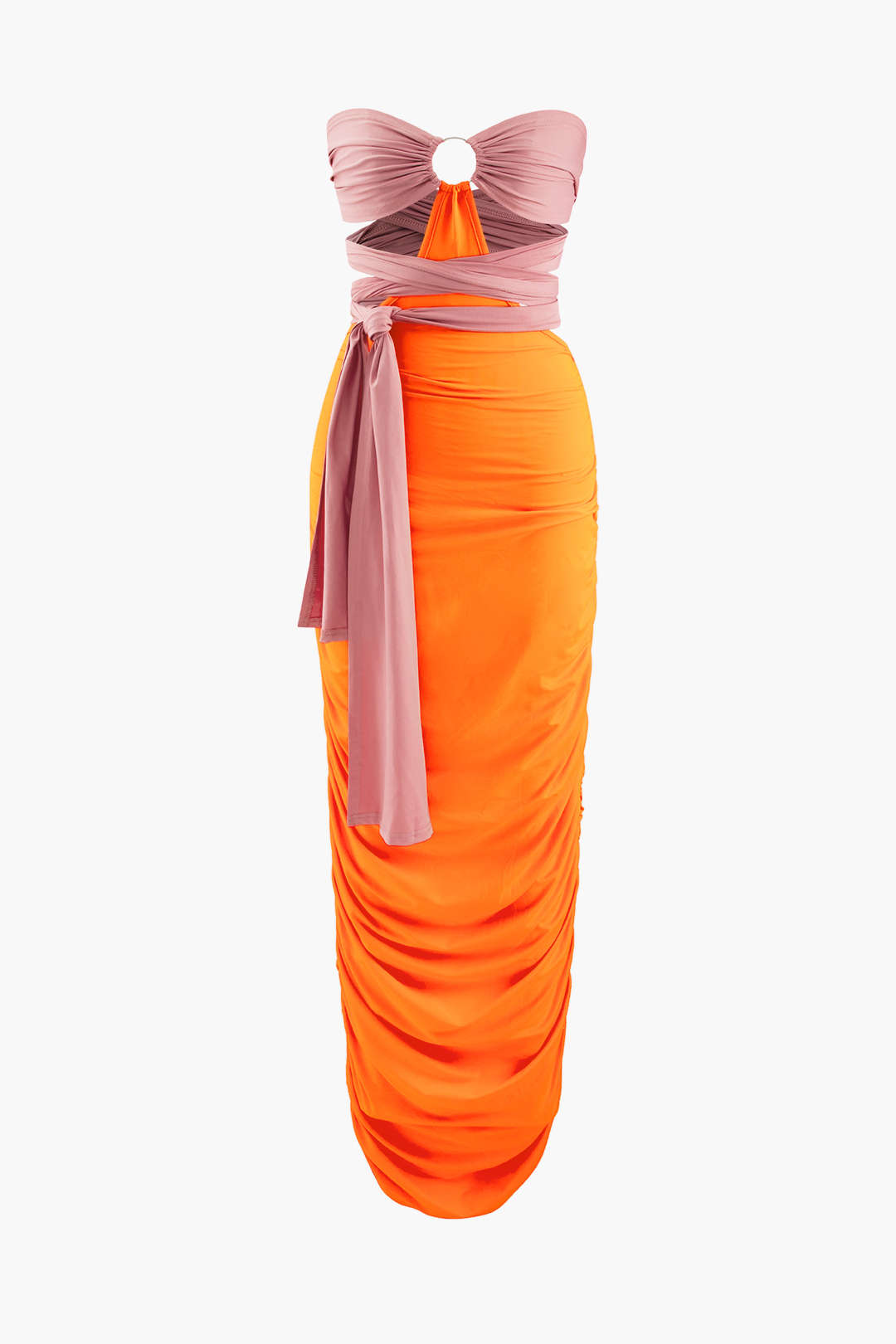 Robe mi-longue sans bretelles à nouer contrastée 