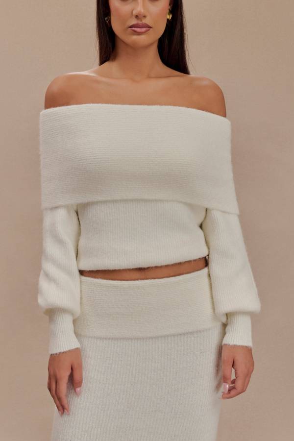 Charlotte Knit Bardot Neck Off Shoulder Long Sleeve Relaxed Sweater