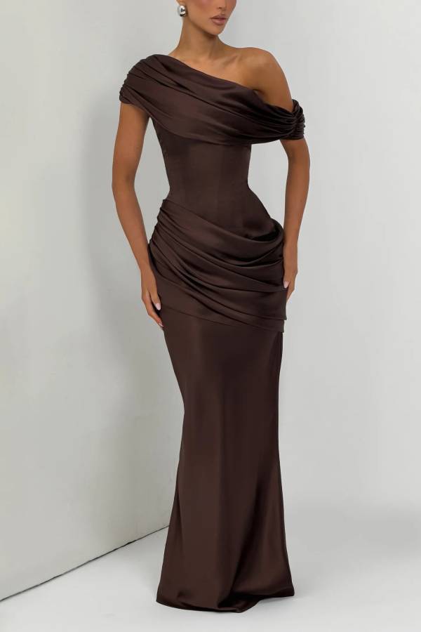 Ella Satin Detachable Asymmetric Off Shoulder Drape Panel Back Lace-up Maxi Dress