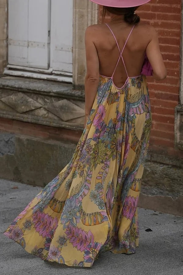Plant Print Halter Back Loose Holiday Maxi Dress
