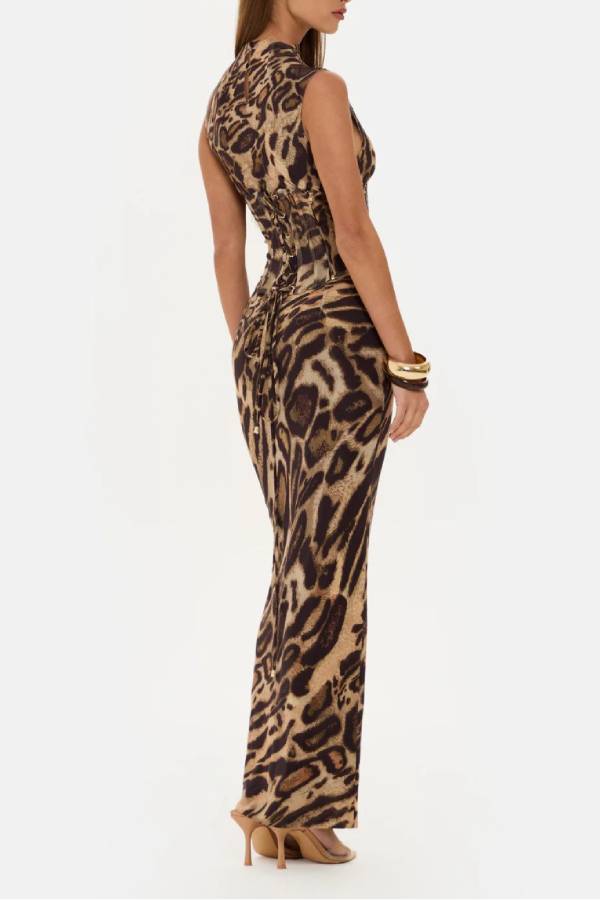 Leopard Print High-Neck Sleeveless Maxi Dress