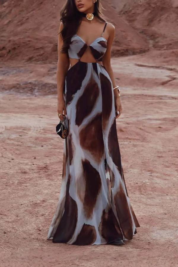 Spaghetti Strap Cutout Animal Print Chiffon Slit Maxi Dress